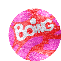 a red and pink circle with the word boing written on it