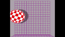 a red and white checkered ball is on a grid background