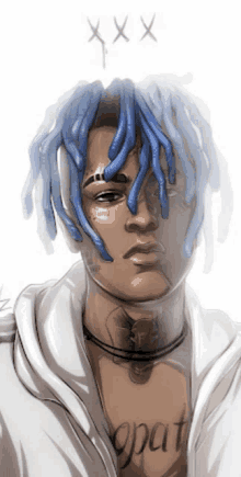 a drawing of a man with blue dreadlocks and a tattoo on his chest that says xxx