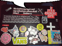 a collage of stickers including one that says ' vans ' on it