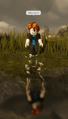 a roblox character is standing in a puddle with a speech bubble that says " who am i "