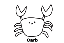 a black and white drawing of a crab with a face and the word carb below it .