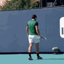 a man in a green shirt and white shorts is standing on a tennis court holding a tennis racquet .