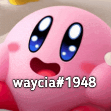 a close up of a pink kirby with the words waycia # 1948 below it