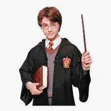 harry potter is holding a book and a wand in his hands .