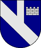 a blue and white coat of arms with a brick wall on the bottom