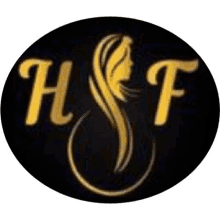 a black and gold logo for hsf with a woman 's face