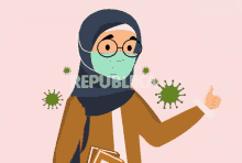 a woman wearing a face mask and glasses is giving a thumbs up