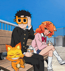 a boy and a girl are sitting on a bench with a cat and a coin that says b