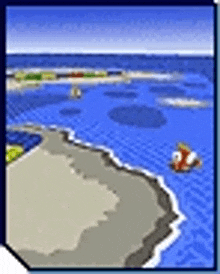 a pixel art drawing of a beach and ocean with a boat in the water .