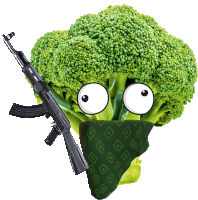 a cartoon broccoli with a gun and a bandana