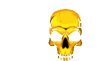 a yellow skull on a white background with a black mouth