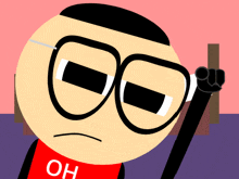 a cartoon character with glasses and a red shirt that says oh on it