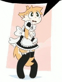 a cartoon fox wearing a maid dress and stockings is talking .