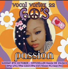 a poster for vocal vortex 22 shows a woman with flowers in her hair