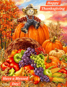 a scarecrow is sitting on top of a pumpkin with the words happy thanksgiving have a blessed day