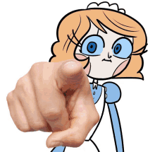 a hand pointing at a cartoon character with a blue dress