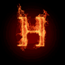 the letter h is on fire with a black background