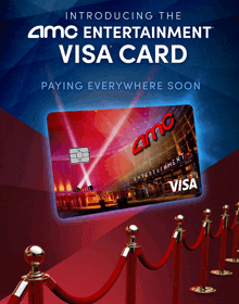 an advertisement for an amc entertainment visa card with a red carpet