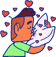 a man is kissing a pillow with hearts around him