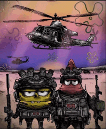 a cartoon drawing of spongebob and patrick in military uniforms