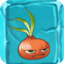 a cartoon onion with a sad face is sitting inside of a blue ice cube .