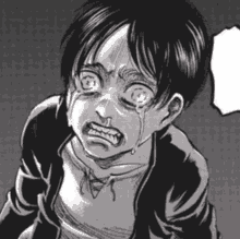 a black and white drawing of eren from attack on titan crying with tears coming out of his eyes .