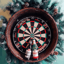 a dart board with two bottles of budweiser beer in front of it