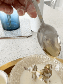 a spoon is being used to pour liquid into a plate