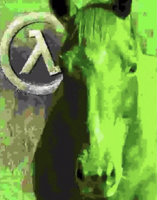 a horse is standing in front of a half life logo .