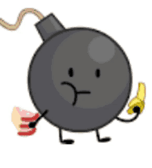 a bomb with arms and legs is holding a banana and a piece of meat .