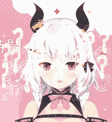 a drawing of a girl with horns and a pink background