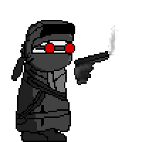 a pixel art of a person holding a gun and a knife