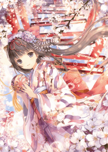 a girl in a kimono is surrounded by flowers and petals