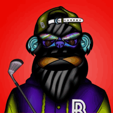 a monkey with a beard is holding a golf club and has the letter r on his jacket