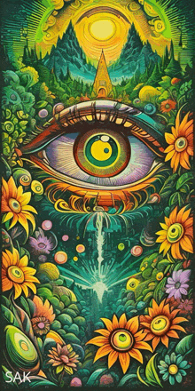 a psychedelic painting of an eye surrounded by flowers and trees