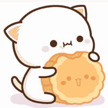 a cartoon cat is holding a cookie in its mouth .