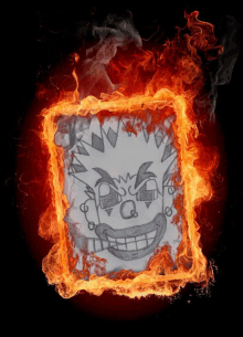 a drawing of a face is surrounded by flames and smoke