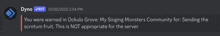 a discord message that says you were warned in oculus grove