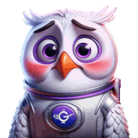 a cartoon owl is wearing a space suit and has a purple g on his chest