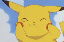 a close up of a pikachu making a funny face with his hands on his face .