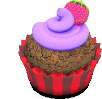 a cupcake with purple frosting and a strawberry on top of it