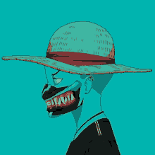 a drawing of a man wearing a straw hat and a mask