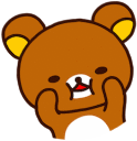 a brown teddy bear with yellow ears and a red nose is covering its mouth with its hands .