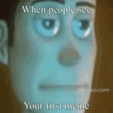 a close up of a toy story character 's face with the words `` when people see your first meme '' written on it .