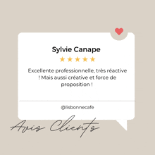 a sylvie canape review in a speech bubble with a heart