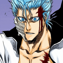 a drawing of a man with blue hair and a skull face