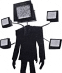 a silhouette of a man with a computer monitor on his head surrounded by televisions .