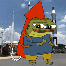 a cartoon of a frog with a backpack giving a thumbs up in front of rockets