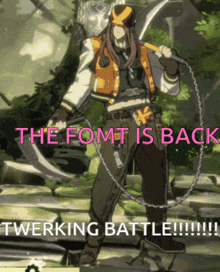 a cartoon of a man holding a whip with the words the fomt is back twerking battle written below him